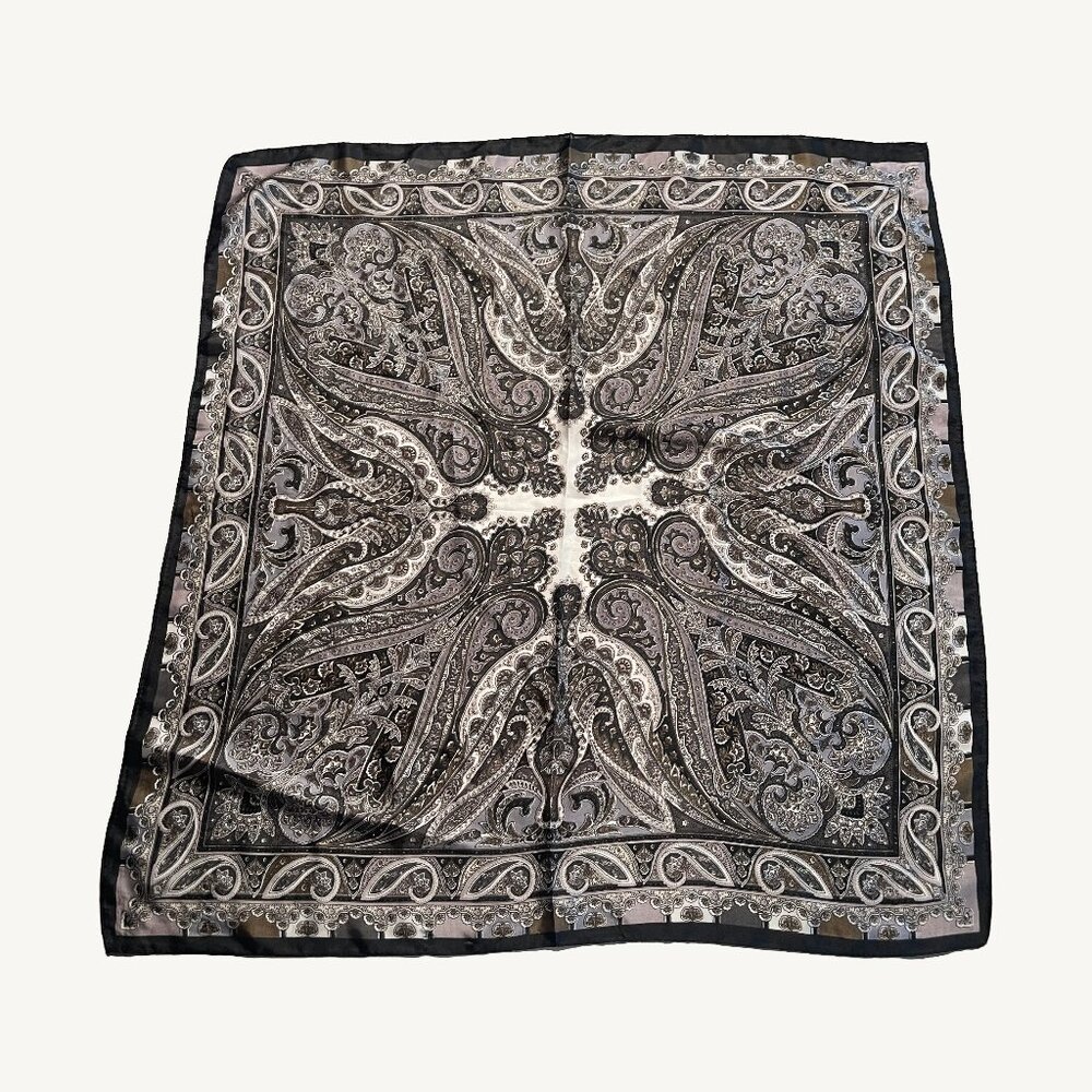 Satin Black Grey Brown & White Square Paisley Mirrored Pattern Scarf